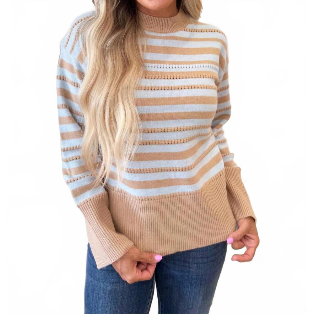 NEW STRUT & BOLT texture striped contrast sweater in taupe/sky blue